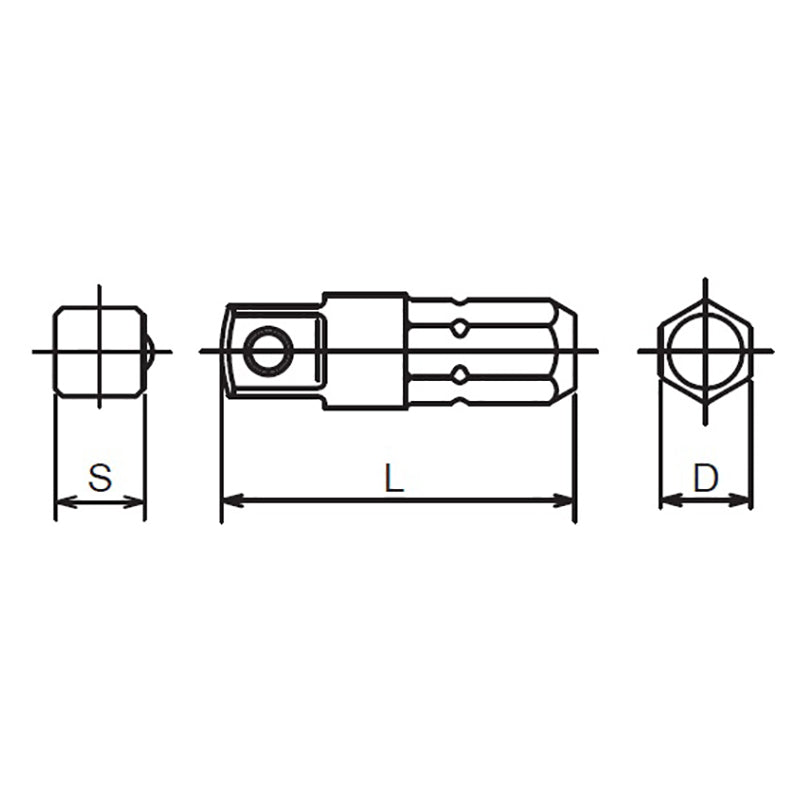 Adaptateur hexagonal 1/4" pour filetage carré 1/4", longueur 25 mm 