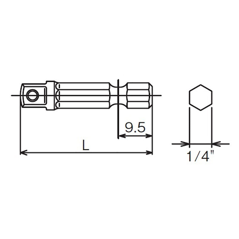 Adaptateur hexagonal 1/4" pour filetage carré 1/4", longueur 150 mm, type à broche 