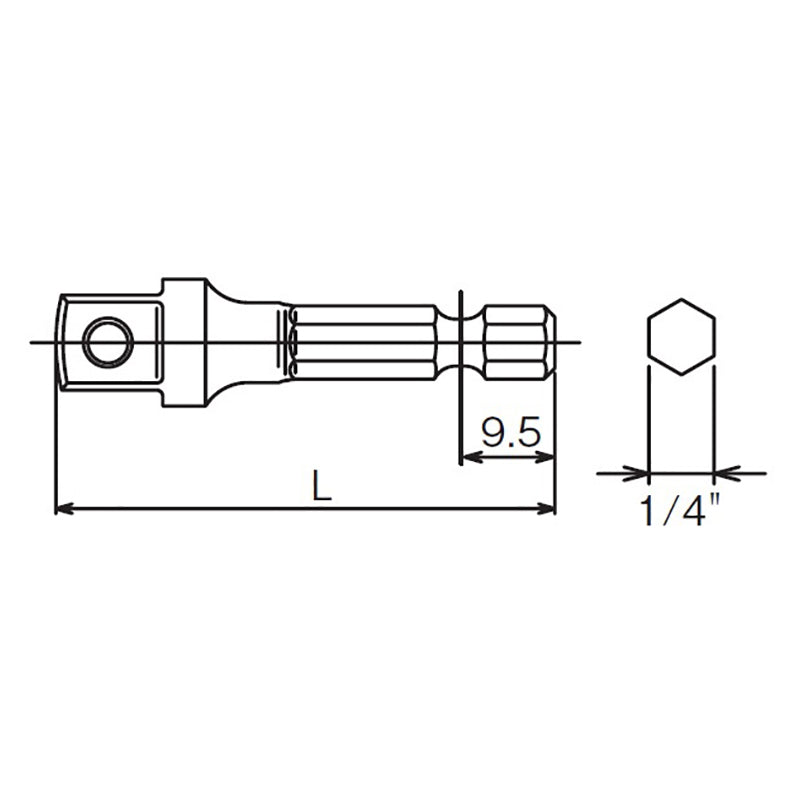 Adaptateur hexagonal 1/4", carré 3/8", longueur 150 mm, type à broche 