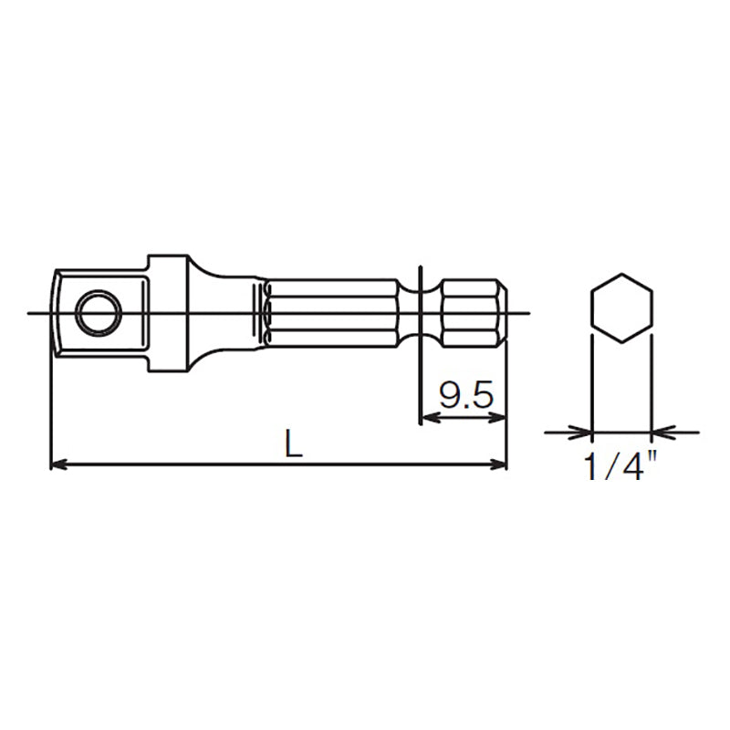 Adaptateur hexagonal 1/4", carré 3/8", longueur 50 mm, type à broche 