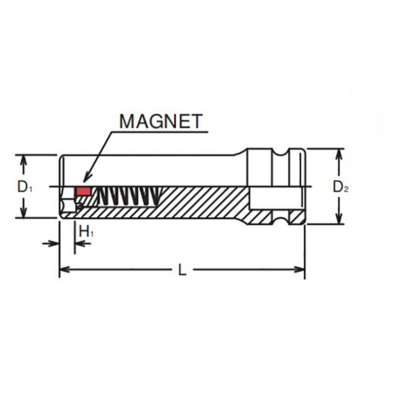 Douille carrée 1/4" (12 mm), 6 pans, longueur 48 mm, aimant coulissant 