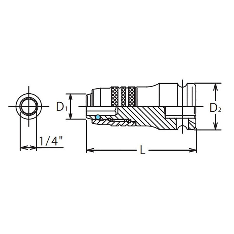 Adaptateur 3/8" carré 1/4" pour embout 1/4" de hauteur, longueur 45 mm, verrouillage rapide 