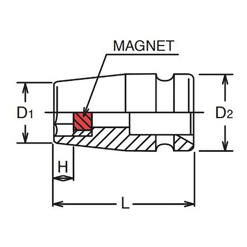 Douille carrée 3/8" (15 mm), 6 pans, longueur 32 mm, aimant 