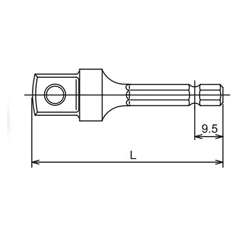 Adaptateur hexagonal 1/4" pour filetage carré 1/2", longueur 60 mm, type à broche 