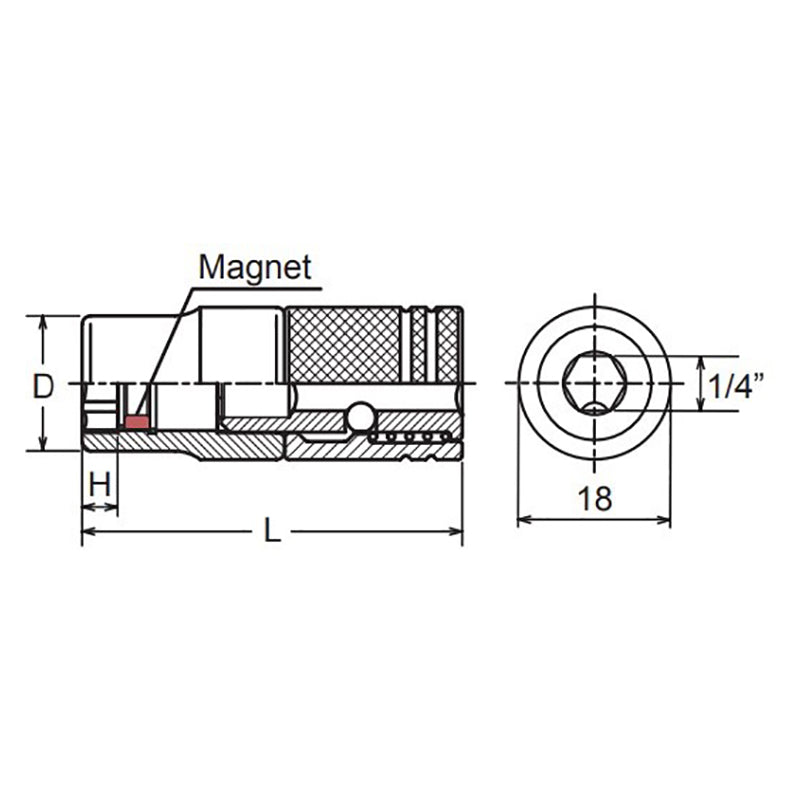 1/4 Hex Dr. Slide Socket  13mm 6 point Length 45mm Ring Magnet