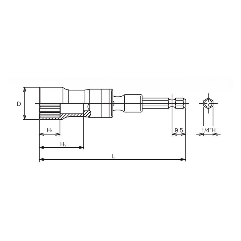 1/4 Hex Dr. Universal Long Socket  17mm 12 point 100mm