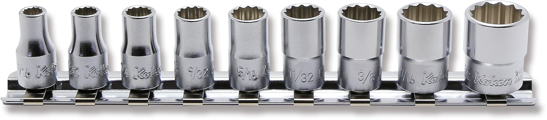 Jeu de 9 douilles carrées 1/4" à 12 pans SAE 3/16-1/2" 