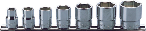 Jeu de 7 douilles Whitworth carrées 3/8, 6 pans, chromées, SAE 1/8-1/2 